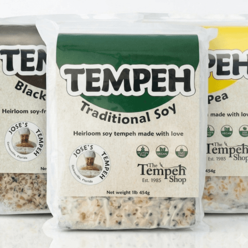 All retail tempeh types - soy, black-eyed pea, and yellow pea