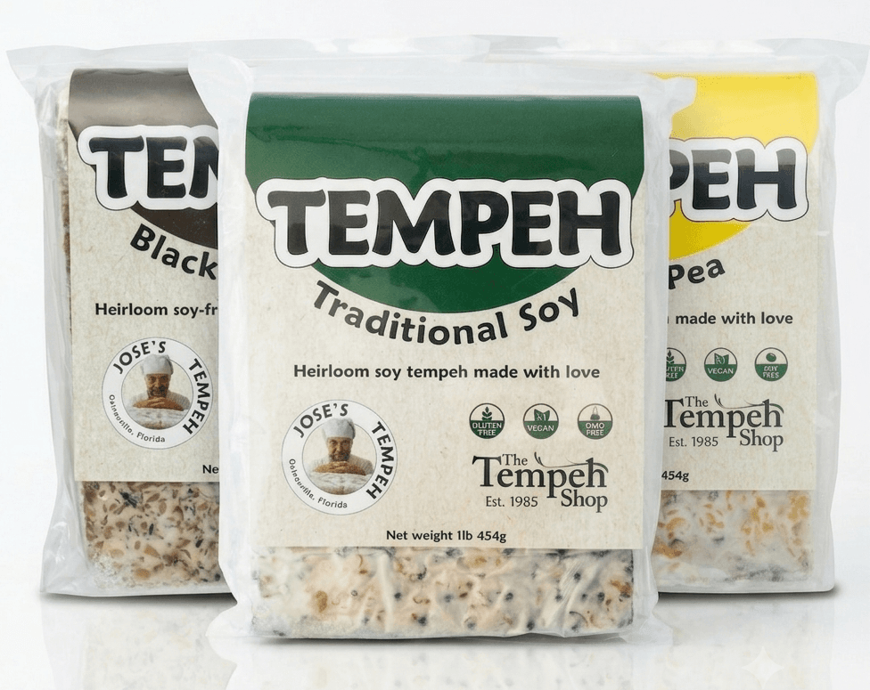 All retail tempeh types - soy, black-eyed pea, and yellow pea